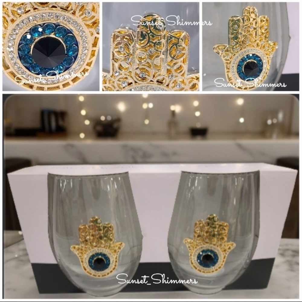 2pc Rhinestone Eyeball Hamsa Evil Eye Mal De Ojo Cocktail Wine Glass Set New